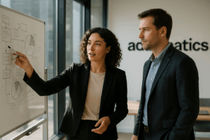 image of two co-workers collaborating and sharing ideas